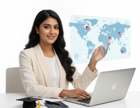 Attractive Bangladeshi girl, an education counselor, smiling and pointing to a holographic world map with country flags and university options, sitting at a desk with a laptop, passport, and graduation cap on a white background