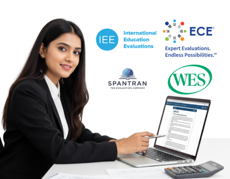 Young attractive Bangladeshi girl, smiling and pointing at a laptop screen displaying a NACES transcript evaluation, with IEE, SpanTran, and ECE logos in the background on a white seamless backdrop. She is seated at a desk with documents and a calculator