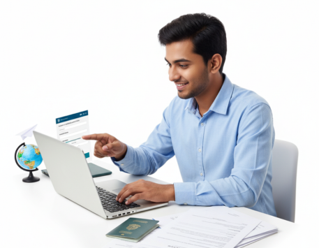 Smiling young attractive Bangladeshi man at a desk, enthusiastically pointing at a laptop screen displaying an online application form, with a passport, globe, and visa documents beside him on a white background